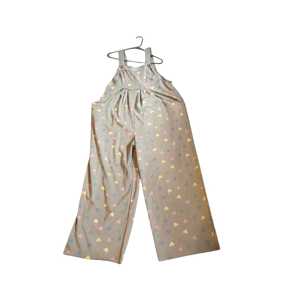 POL Women Tan Pastel Heart Print Wide Leg Overalls Jumpsuit Pockets Medium
